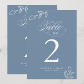 Elegant Calligraphy Dusty Blue Table Number (Voorkant / Achterkant)