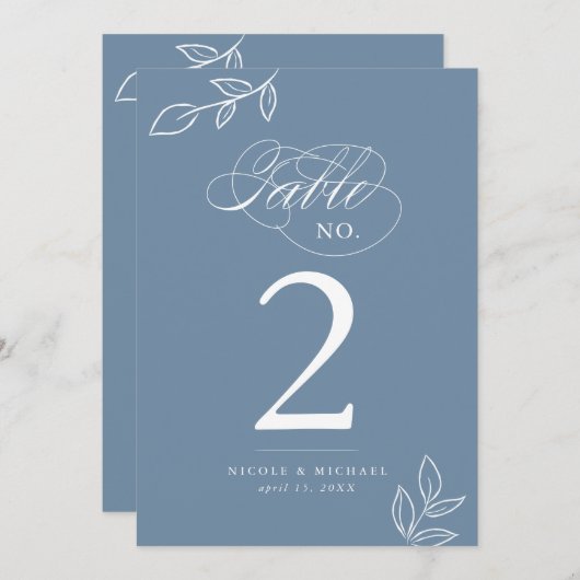 Elegant Calligraphy Dusty Blue Table Number (Voorkant / Achterkant)