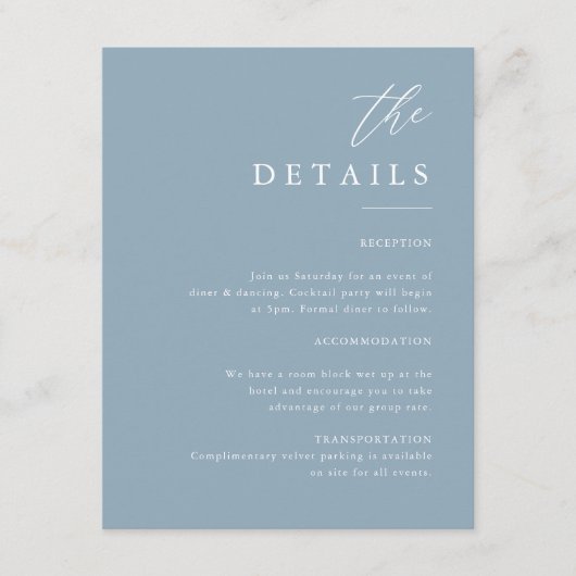 Elegant Calligraphy Dusty Blue Wedding Details Informatiekaartje (Voorkant)
