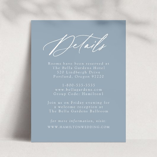 Elegant Calligraphy Dusty Blue Wedding Details Informatiekaartje