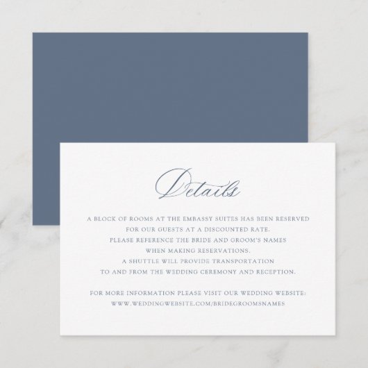 Elegant Calligraphy Dusty Blue Wedding Details Kaart (Voorkant / Achterkant)