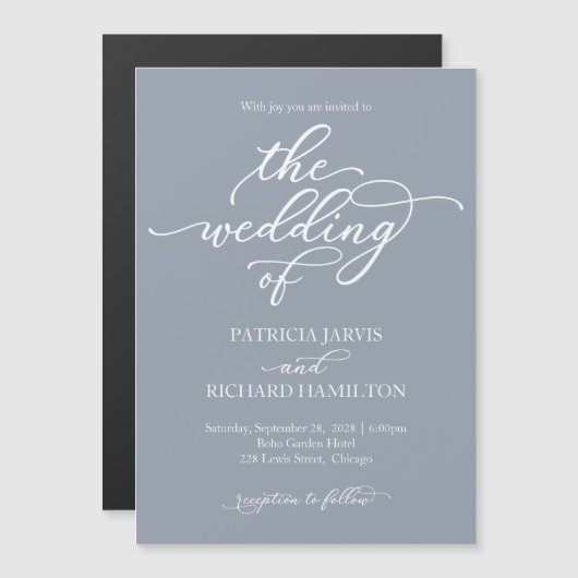 Elegant Calligraphy Dusty Blue Wedding Magnetische Uitnodiging (Voorkant / Achterkant)