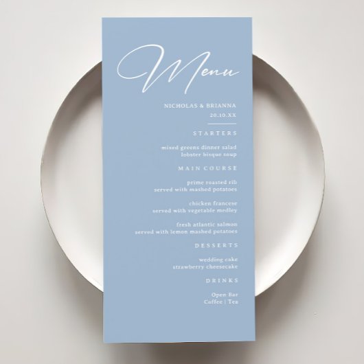 Elegant Calligraphy Dusty Blue Wedding Menu