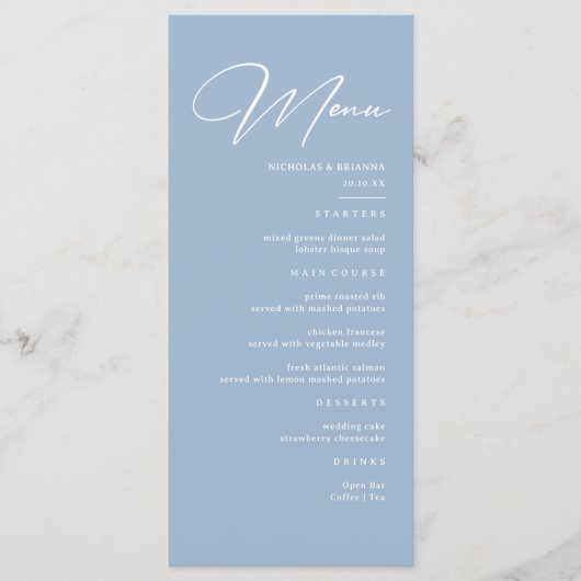 Elegant Calligraphy Dusty Blue Wedding Menu (Voorkant)