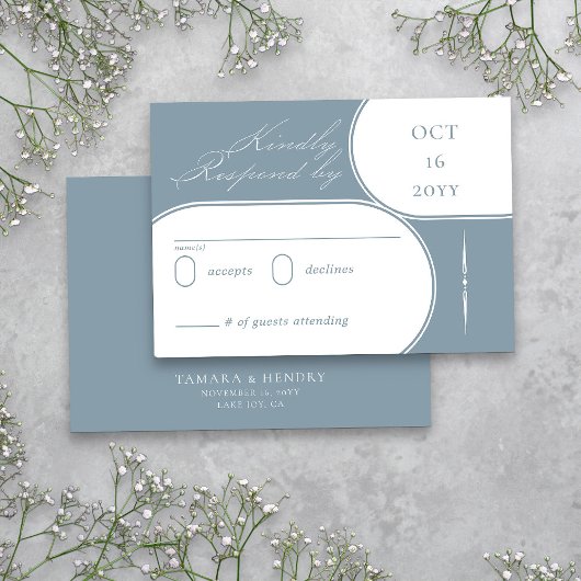 Elegant Calligraphy Dusty Blue Wedding RSVP Kaartje