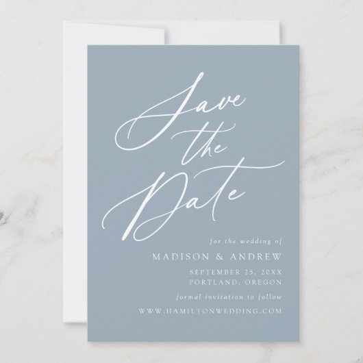 Elegant Calligraphy Dusty Blue Wedding Save The Date (Voorkant)