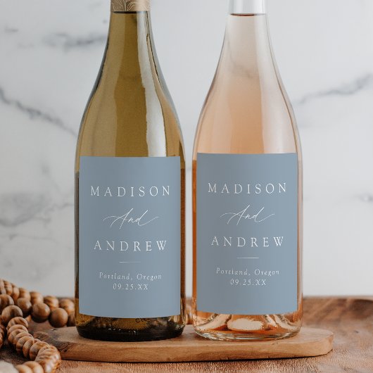 Elegant Calligraphy Dusty Blue Wedding Wijn Etiket