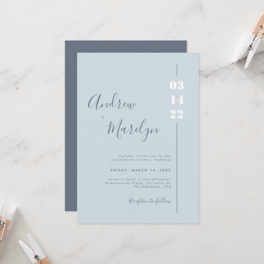 Elegant Calligraphy Dusty Blue White Gray Wedding Kaart (Voorkant / Achterkant in situ)