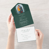 Elegant Calligraphy Emerald Photo RSVP Wedding All In One Uitnodiging (Afscheurbaar)