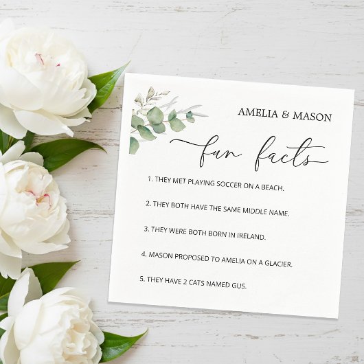 Elegant Calligraphy Eucalyptus  Fun Facts Wedding Servet
