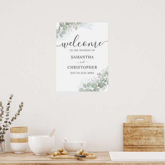 Elegant Calligraphy & Eucalyptus Welcome Wedding Poster (Keuken)