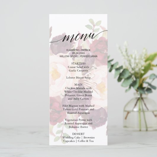 Elegant Calligraphy Faded Floral Dinner Menu Kaart (Staand voorkant)
