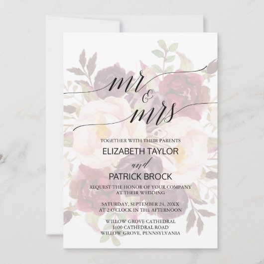 Elegant Calligraphy Faded Floral Mr & Mrs Wedding Kaart (Voorkant)