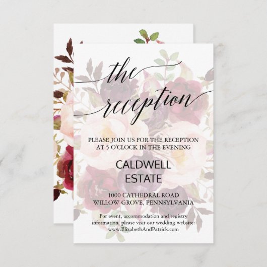 Elegant Calligraphy Faded Floral Reception Kaart (Voorkant / Achterkant)