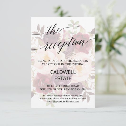 Elegant Calligraphy Faded Floral Reception Kaart (Staand voorkant)