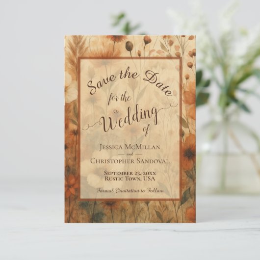 Elegant Calligraphy Fall Boho Wildflowers Wedding Save The Date (Staand voorkant)
