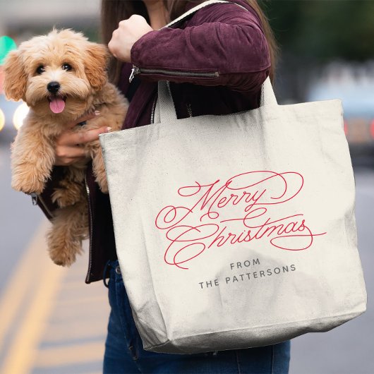 Elegant Calligraphy Family Name Merry Kerstry Grote Tote Bag
