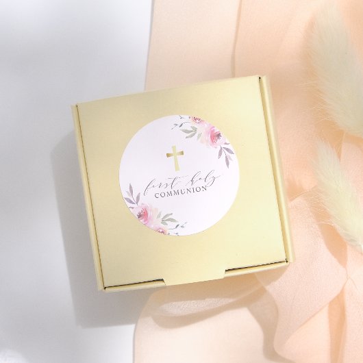 Elegant Calligraphy Floral First Heilige Communie Ronde Sticker