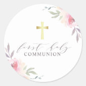 Elegant Calligraphy Floral First Heilige Communie Ronde Sticker (Voorkant)