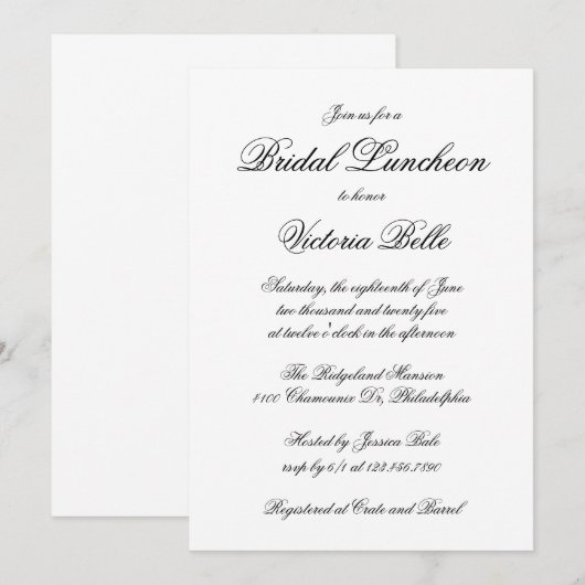 Elegant Calligraphy Formal Bridal Luncheon Kaart (Voorkant / Achterkant)