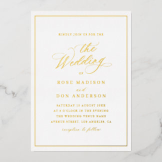 Elegant calligraphy gold and white wedding folie uitnodiging
