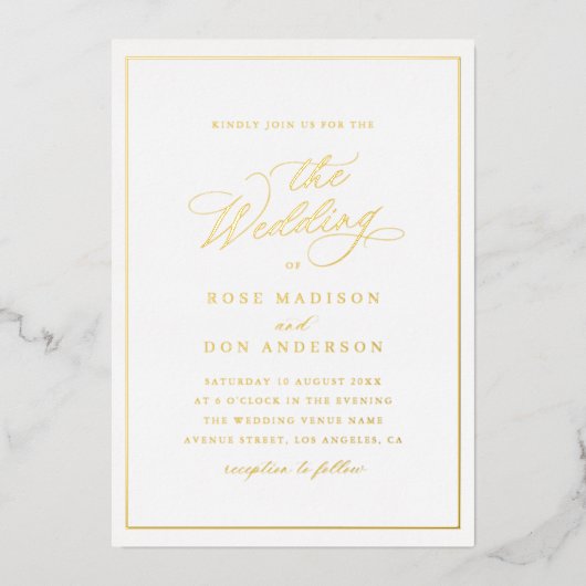 Elegant calligraphy gold and white wedding folie uitnodiging (Voorkant)