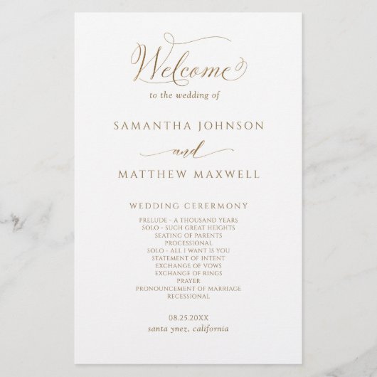 Elegant Calligraphy Gold and White Wedding Program (Voorkant)