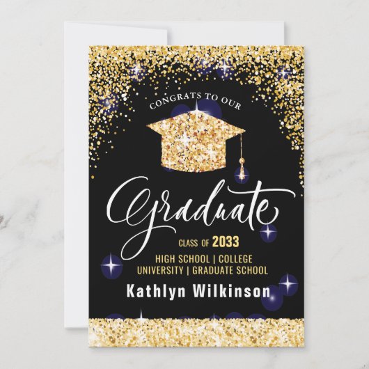 Elegant Calligraphy Gold Glitter Afstuderen Aankondiging (Voorkant)