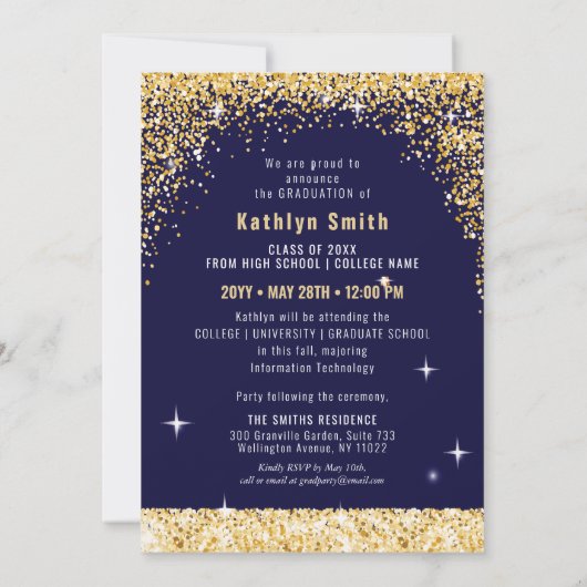 Elegant Calligraphy Gold Glitter Afstuderen Aankondiging (Achterkant)