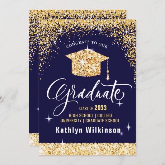 Elegant Calligraphy Gold Glitter Afstuderen Aankondiging (Voorkant / Achterkant)