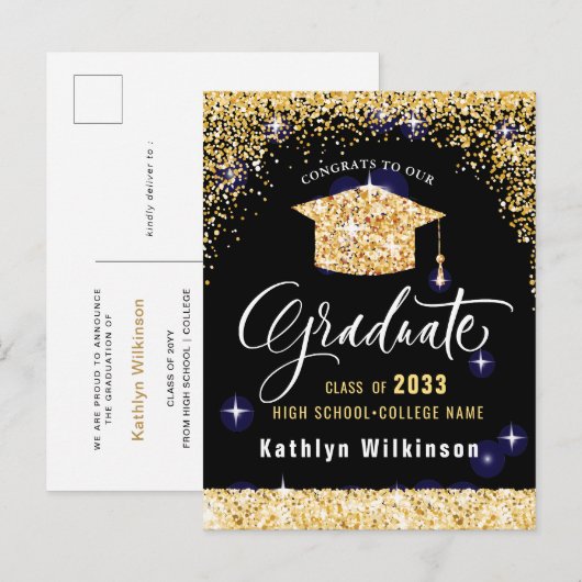 Elegant Calligraphy Gold Glitter Afstuderen Aankondigingskaart (Voorkant / Achterkant)