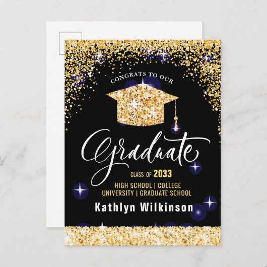 Elegant Calligraphy Gold Glitter Afstuderen Aankondigingskaart (Voorkant / Achterkant)