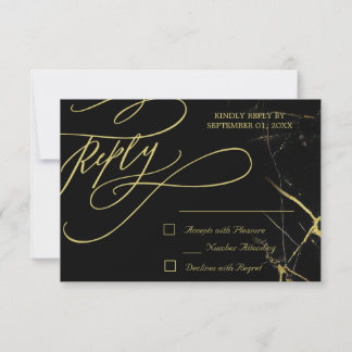 Elegant Calligraphy Golden Veined Marble Wedding RSVP Kaartje