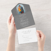 Elegant Calligraphy Gray Photo RSVP Wedding All In One Uitnodiging (Afscheurbaar)