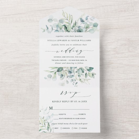 Elegant Calligraphy Green Foliage Wedding All In One Uitnodiging (Binnen)