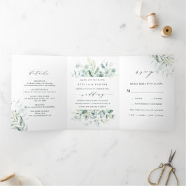 Elegant Calligraphy Green Foliage Wedding Drieluik Uitnodiging