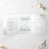 Elegant Calligraphy Green Foliage Wedding Drieluik Uitnodiging (Binnen)