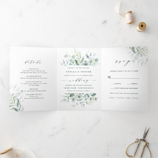Elegant Calligraphy Green Foliage Wedding Drieluik Uitnodiging (Binnen)