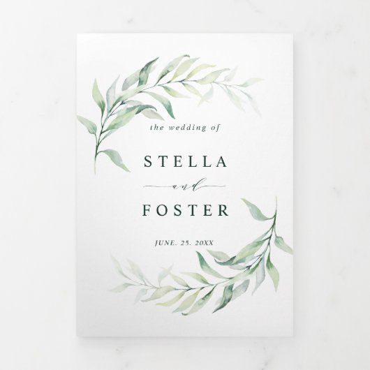 Elegant Calligraphy Green Foliage Wedding Drieluik Uitnodiging (Cover)