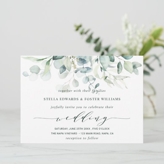 Elegant Calligraphy Green Foliage Wedding Kaart (Staand voorkant)