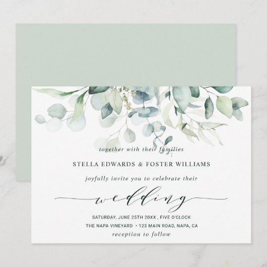 Elegant Calligraphy Green Foliage Wedding Kaart (Voorkant / Achterkant)