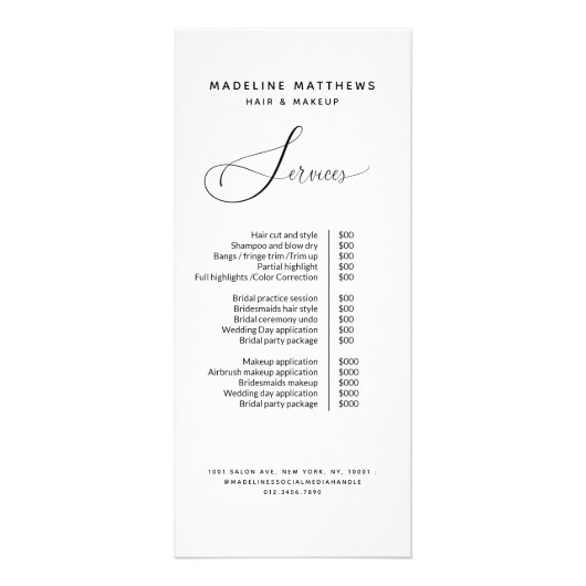 Elegant Calligraphy Hair Salon Price List Service Reclamekaart (Voorkant)