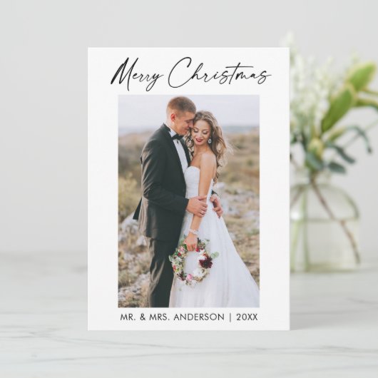 Elegant Calligraphy Ink Script Weduwfoto Feestdagenkaart (Staand voorkant)