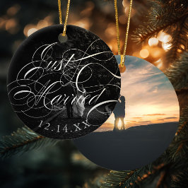 Elegant Calligraphy Just Married Wedding Photo Keramisch Ornament