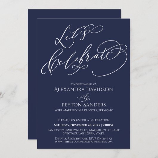 Elegant Calligraphy Let's Celebrate Navy Blue Kaart (Voorkant / Achterkant)