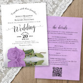 Elegant Calligraphy Lilac Rose QR Code Wedding Kaart