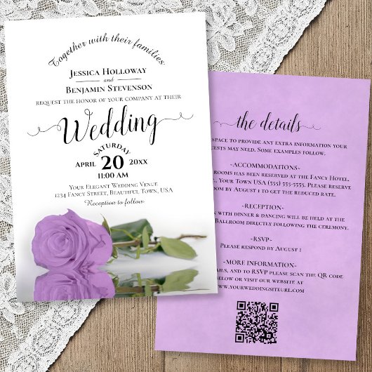 Elegant Calligraphy Lilac Rose QR Code Wedding Kaart