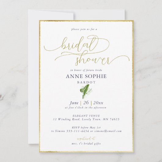 Elegant Calligraphy Lily Valley Gold Lijst Bridal Kaart (Voorkant)
