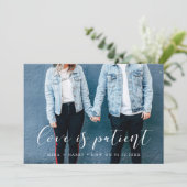 Elegant calligraphy Love is Patiëntenbruiloft upda Aankondiging (Staand voorkant)