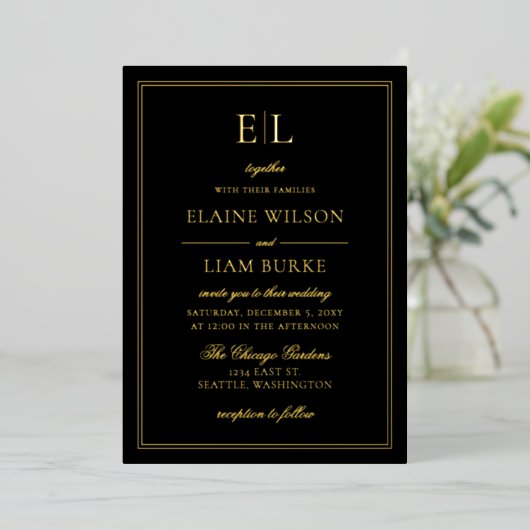 Elegant Calligraphy Luxe Black Gold Wedding Folie Folie Uitnodiging (Staand Voorkant)